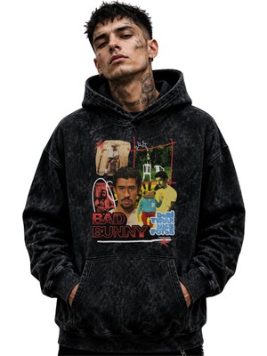 Sevbano Bad Bunny Rapper Şarkıcı Baskılı Unisex Oversize Yıkamalı Hoodie Sweatshirt