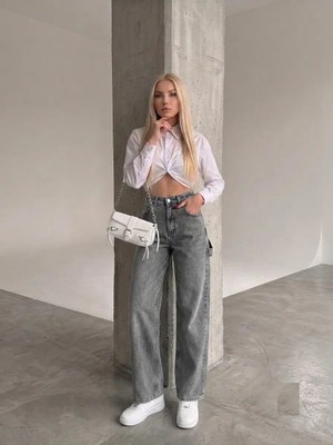 Shevega Kadın Füme Yan Kemer Tokalı Yüksek Bel Baggy Jeans Salaş Kot Pantolon