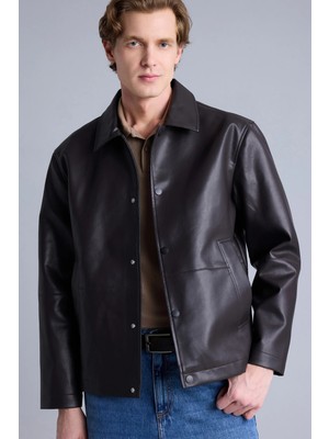 DeFacto Su Geçirmez Regular Fit Polo Yaka Astarlı Çıtçıt Kapamalı Cepli Suni Deri Mont H2233AX26AU