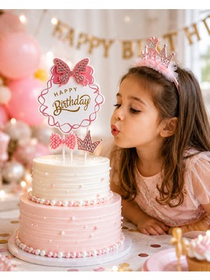 Bkmc Happy Birthday Pasta Süsü Taşlı Kelebek Taçlı Pasta Üstü – Prenses Doğum Günü Cake Topper Premium Set