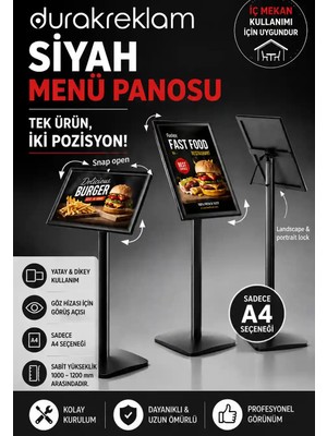 Durak Reklam Siyah Menü Panosu A4 – Çift Yönlü Yatay Dikey Kullanım,