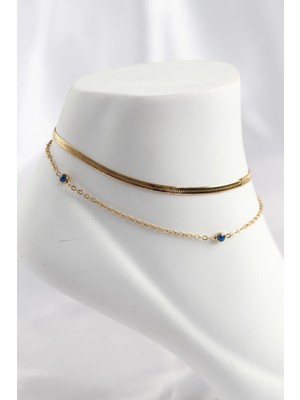 Inure Jewelry 316L Çelik Gold Renk Nazar Boncuk Tasarımlı 2li Halhal