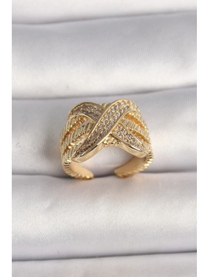 Inure Jewelry Pirinç Gold Renk Ayarlanabilir Zirkon Taşlı x Model Kadın Yüzük