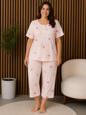 Balis Pijama Kadın Desenli Pamuklu Büyük Beden Düğme Yaka Kapri Pijama Takımı Kısa Kollu Ev Giyimi Seti Rahat Kesim Yazlık Ev Giyim Şık ve Rahat Battal Beden Loungewear