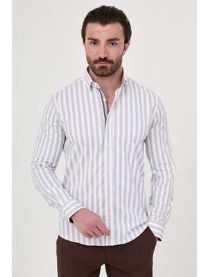 MCR Çizgili Slim Fit Uzun Kollu Erkek Gömlek