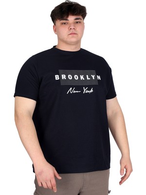 ModeXL Mode Xl Büyük Beden Erkek Tişört Baskılı Brooklyn Waffle U25002 Lacivert
