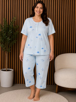 Balis Pijama Kadın Desenli Pamuklu Büyük Beden Düğme Yaka Kapri Pijama Takımı Kısa Kollu Ev Giyimi Seti Rahat Kesim Yazlık Ev Giyim Şık ve Rahat Battal Beden Loungewear