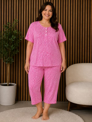 Balis Pijama Kadın Desenli Pamuklu Büyük Beden Düğme Yaka Kapri Pijama Takımı Kısa Kollu Ev Giyimi Seti Rahat Kesim Yazlık Ev Giyim Şık ve Rahat Battal Beden Loungewear