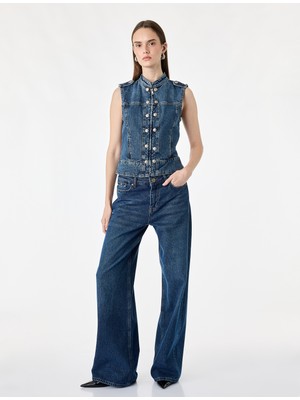 Koton Pamuklu Cepli Yuvarlak Yaka Kolsuz Denim Military Yelek