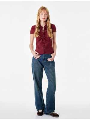 Koton Slim Fit Düğmeli Büzgülü Klasik Yaka Bağcık Detaylı Kısa Kollu Bluz