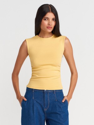 Dilvin 21054 Büzgülü Basic T-Shirt-Sarı