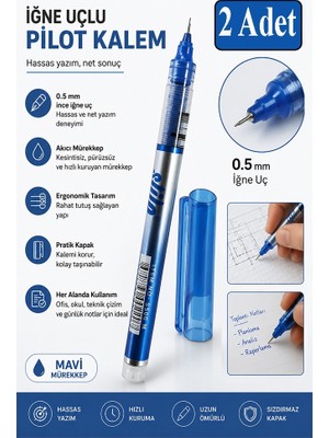 Artlantis Mavi Pilot Kalem Iğne Uçlu 2 Adet Stilo Pilot Kalem 0.5mm Ince Uçlu Pilot Kalem Likit Mürekkepli Pilot Kalem