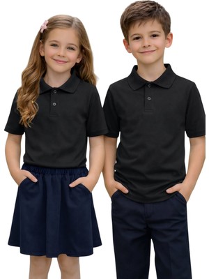ERDEM KIDS Unisex Kız Erkek Çocuk Polo Yaka Pamuklu Kısa Kol Siyah Günlük Basic Okul Tişört