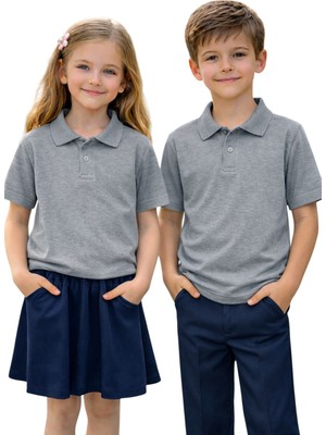 ERDEM KIDS Unisex Kız Erkek Çocuk Polo Yaka Pamuklu Kısa Kol Gri Günlük Basic Okul Tişört