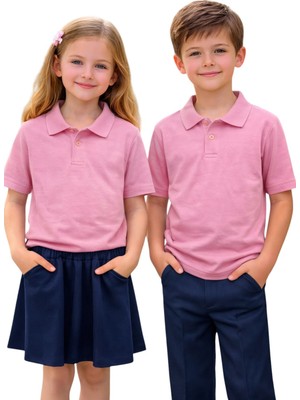 ERDEM KIDS Unisex Kız Erkek Çocuk Polo Yaka Pamuklu Kısa Kol Pudra-Toz Pembe Günlük Basic Okul Tişört