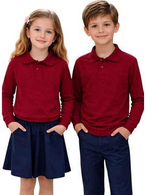 ERDEM KIDS Unisex Kız Erkek Çocuk Polo Yaka Pamuklu Uzun Kol Bordo Günlük Basic Okul Tişört
