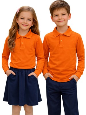 ERDEM KIDS Unisex Kız Erkek Çocuk Polo Yaka Pamuklu Uzun Kol Oranj-Turuncu-Orange Günlük Basic Okul Tişört