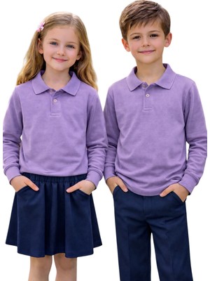 ERDEM KIDS Unisex Kız Erkek Çocuk Polo Yaka Pamuklu Uzun Kol Lila Günlük Basic Okul Tişört
