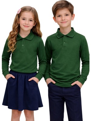 ERDEM KIDS Unisex Kız Erkek Çocuk Polo Yaka Pamuklu Uzun Kol Nefti Yeşil Günlük Basic Okul Tişört