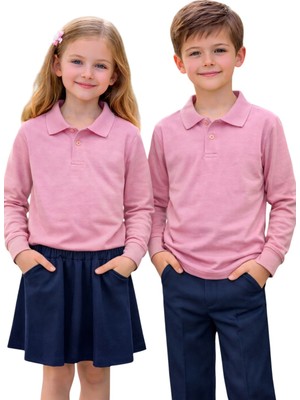 ERDEM KIDS Unisex Kız Erkek Çocuk Polo Yaka Pamuklu Uzun Kol Pudra-Toz Pembe Günlük Basic Okul Tişört