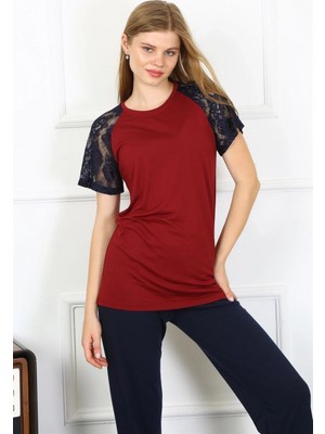 Hace Bazaar Marsilyan- Kadın Kolu Dantelli Penye Pijama Takım Bordo