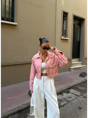 Çift Cep Denim Crop Ceket - Pudra - M