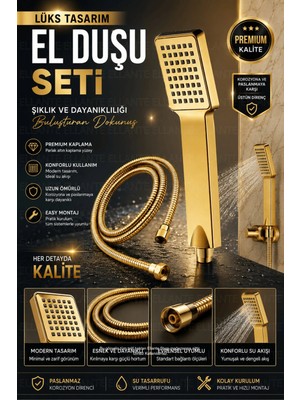 Ellante Gold Duş Başlıgı ve Gold Paslanmaz Kopmaz Patlamaz Kaliteli Duş Hortumu Gold Duş Seti - 150CM