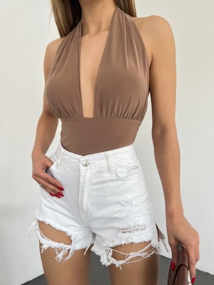 Yıkamalı Lazer Yırtıklı Mini Denim Şort - Beyaz - 40