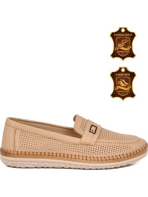 Voyager Bej Geniş Kalıp Hakiki Deri Hafızalı Rahat Taban Kadın Casual Ayakkabı Loafer Z142 Z