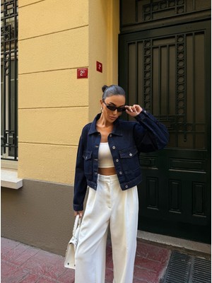 Çift Cep Denim Crop Ceket - Lacivert - S