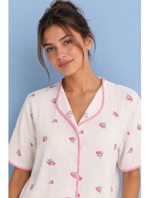 Bella Notte Kadın Ekru Çiçek Desenli Kısa Kollu Düğmeli Pijama Takımı