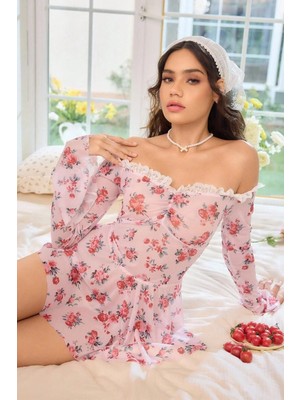 Bella Notte Toz Pembe Çiçek Desenli Kayık Yaka Dantel Detaylı Uzun Kollu Mini Gecelik