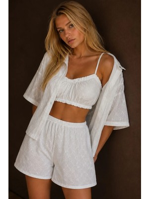 Bella Notte Kadın Beyaz Fisto Işlemeli 3'lü Şortlu Pijama Takımı