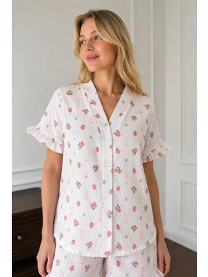 Bella Notte Ekru Gül ve Fiyonk Desenli Kısa Kollu Şortlu Pijama Takımı