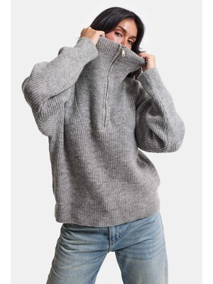 It's Basic Kadın Gri W6-12 Oversize Fermuarlı Triko Kazak