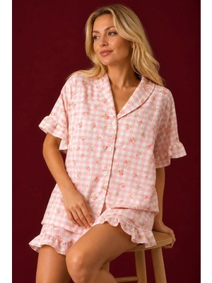 Bella Notte Pembe Pötikareli Gül Desenli Şık Kısa Kollu Şortlu Pijama Takımı