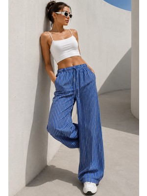 Madmext Lacivert Beli Ayarlanabilir Çizgili Cepli Kadın Pantolon MG2312 %60 Cotton %40 Polyester