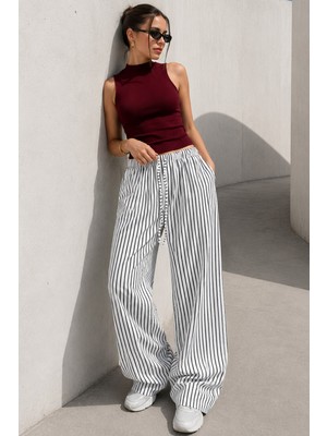Madmext Beyaz Beli Ayarlanabilir Çizgili Cepli Bol Paça Kadın Pantolon MG2312
