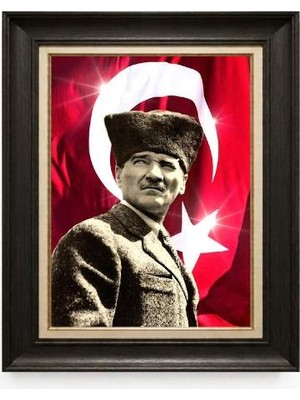 Giyense Tablore Siyah Varaklı Paspartulu Çerçeveli Atatürk Tablo A150