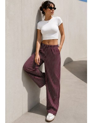 Madmext Bordo Beli Ayarlanabilir Çizgili Cepli Bol Paça Kadın Pantolon MG2312