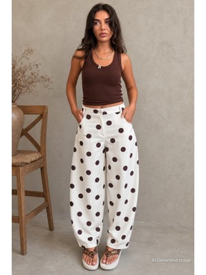 Madmext Ekru Puantiyeli Beli Lastikli Balon Kadın Pantolon MG2886
