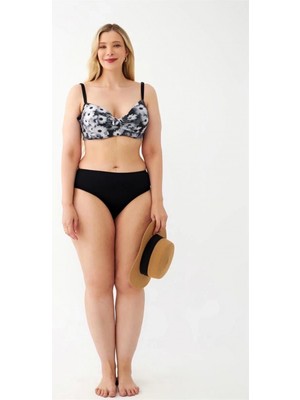 Hace Bazaar Marsilyan- Kadın Papatya Desenli Gri Büyük Beden Bikini Takımı