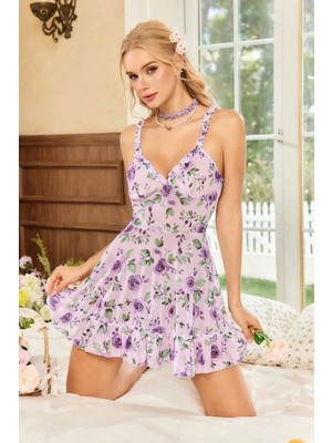 Bella Notte Romantik Lila Askılı Desenli Tanga ve Gecelik