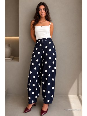 Madmext Lacivert Puantiyeli Beli Lastikli Balon Kadın Pantolon MG2886