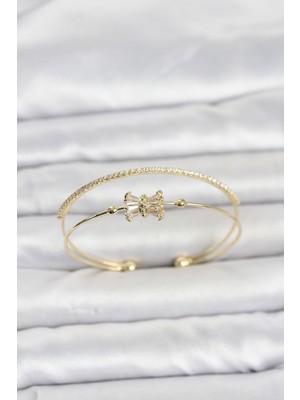 Mabelme Store Pirinç Gold Renk Baget Zirkon Taşlı Objeli Kadın Bileklik
