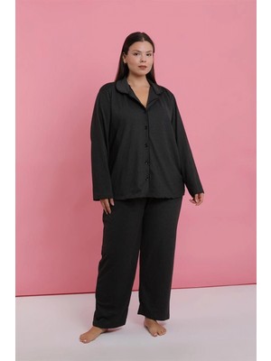 Hace Bazaar Marsilyan- Kadın Büyük Beden Füme Düğmeli Pijama Takımı