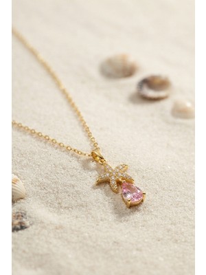 Mabelme Store 316L Çelik Zincir Gold Renk Yıldız Model Pembe Damla Taş Model Kolye