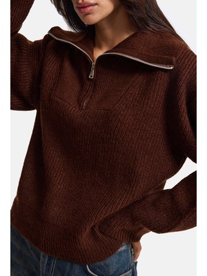 It's Basic Kadın Kahve W6-81 Oversize Fermuarlı Triko Kazak
