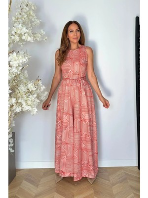 Ges Moda G1868 Kuşak Detaylı Desenli Tulum Turuncu