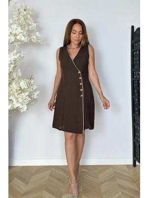 Ges Moda G1880 Kruvaze Yaka Düğme Detaylı Basic Elbise Kahverengi